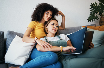 Image showing Lgbtq, laptop and women relax on sofa for watching movies, streaming series and online videos. Dating, lesbian and happy couple on computer for internet, bonding and relationship in living room