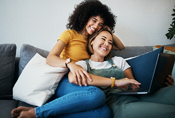 Image showing Lgbtq, laptop and couple relax on sofa for watching movies, streaming series and online videos. Dating, lesbian and happy women on computer for internet, bonding and relationship in living room