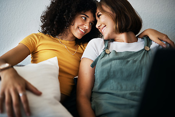 Image showing Lgbtq, love and couple relax on sofa for watching movies, streaming series and online videos in home. Dating, lesbian and happy women on computer for internet, bonding and relationship in living room