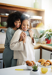 Image showing Breakfast, lgbtq and couple hug in morning in home eating together for bonding, love and care. Embrace, lesbian and happy women with food for healthy relationship, nutrition and meal for romance