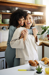 Image showing Breakfast, lgbtq and happy couple hug in morning for eating together for bonding, love and care. Sunrise, lesbian and women embrace with food for healthy relationship, nutrition and meal for romance