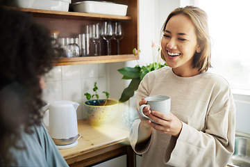 Image showing Coffee, smile and lesbian couple talking in home, bonding or communication. Drink tea, gay women and happy girls in the morning at breakfast together in healthy LGBT relationship, funny and excited