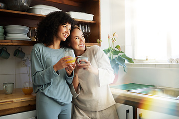 Image showing Lgbt couple, coffee and kitchen with smile for connection, romantic or relationship happiness. Lesbian woman partner, apartment and freedom hug for equality conversation, together or diversity pride
