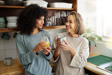 Image showing Breakfast, lgbtq and couple in morning with drink together for bonding, love and conversation. Happy, lesbian and women with juice and coffee for healthy relationship, nutrition and chat for romance