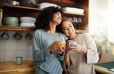 Image showing Coffee, orange juice and happy lesbian couple in home, bonding and communication. Drink tea, gay women and girls smile in the morning at breakfast together in interracial relationship, care and LGBT