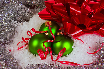 Image showing Green Xmas Ornaments with Red Bow