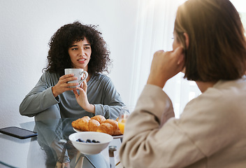 Image showing Coffee, breakfast and lesbian couple at table in home, bonding and communication. Drink tea, gay women and girls talking in the morning, eating food and relax together in healthy LGBT relationship