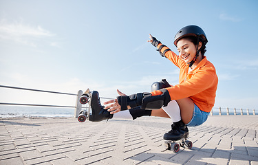 Image showing Woman, rollerskate and happy summer energy cardio sport with smile, balance or learning. Female fitness, cool strong workout jump and action with helmet for exercise health or relax, training or gear