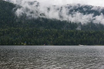 Image showing Foggy Teletskoye lake in Altai mountains