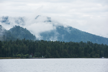 Image showing Foggy Teletskoye lake in Altai mountains