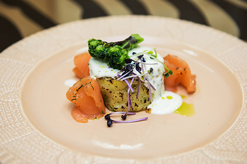 Image showing Potato casserole with broccoli and salmon