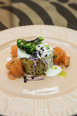 Image showing Potato casserole with broccoli and salmon