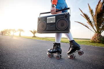 Image showing Woman, retro radio and outdoor with roller skates, music and training with freedom, road and summer. Girl, skating and vintage sound system for noise, exercise and workout in sunshine with moving