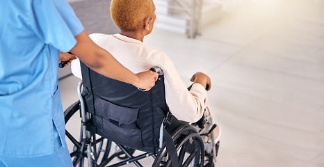 Image showing Nurse, senior woman and back with wheelchair, walk and care for rehabilitation, healthcare and wellness. Caregiver, nursing home and elderly person with disability, recovery or kindness in retirement