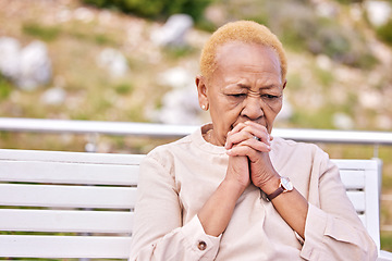 Image showing Mature, woman and alone with face in worry for future, retirement or rehabilitation at nursing home. Black, elderly and person in prayer for wellness, diagnosis or treatment at hospital for health