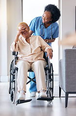 Image showing Nurse, senior woman and laugh with wheelchair, walk and care for rehabilitation, healthcare and chat. Caregiver, nursing home and elderly person with disability, recovery or funny talk in retirement