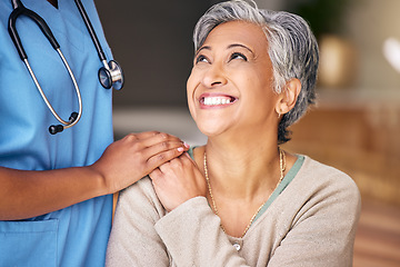 Image showing Nurse, senior woman and smile with comfort, holding hands or support in nursing home for retirement. Doctor, medic or caregiver with kindness, empathy or gratitude for help, trust or service in house