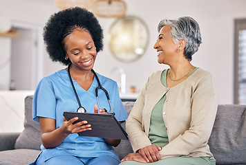 Image showing Doctor, senior woman and tablet for consulting, results and happy for good news on sofa in nursing home. Elderly person, African nurse or medic with digital touchscreen for smile, analysis and report