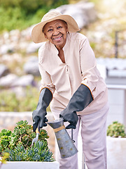 Image showing Water, plants and old woman gardening outdoor with aloe vera, flowers and happiness in backyard nature. Happy, senior or elderly farmer with care for agriculture in retirement or sustainable greenery