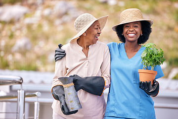 Image showing Old woman, gardening and portrait with nurse outdoor with plant, flowers and happiness in backyard nature. Happy, senior and african caretaker with wellness or agriculture greenery in retirement