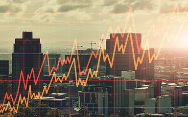 Image showing City background, graphs or fintech with overlay or stocks with business deal. Town, buildings or inflation with money, investment or corporate finance with profit, economy and trade with stock market