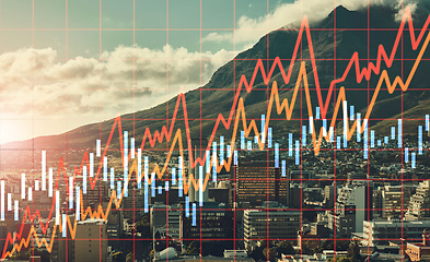 Image showing City background, graphs or stock market with overlay, fintech or stocks with investment. Town, buildings or inflation with money, corporate deal or trading with finance, profit or economy with money