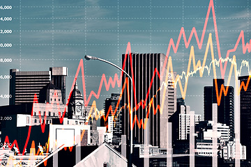 Image showing City background, graphs or overlay with trading, fintech or stocks with investment with profit. Town, buildings or inflation with money, investment or trading with finance, economy and corporate deal