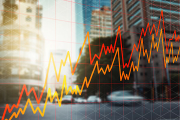 Image showing City background, graphs or stock market with trading, fintech or overlay with business deal. Town, buildings or inflation with money, investment or charts with finance, profit or economy with stocks