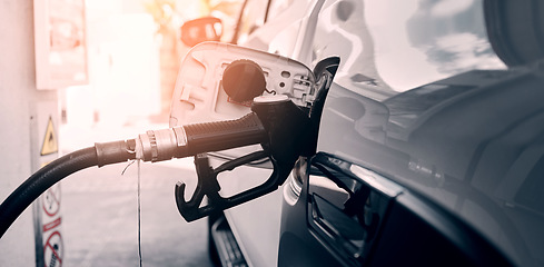 Image showing Car at gas station with pump, fuel and transport cost for energy, drive and quality petrol service. Travel, gasoline and motor vehicle maintenance at garage to refuel tank with diesel for road trip.