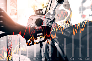 Image showing Car at gas station with pump, graph and increase in cost for energy, drive and quality petrol service. Travel, gasoline price chart and motor vehicle at garage to refuel tank with diesel on road trip