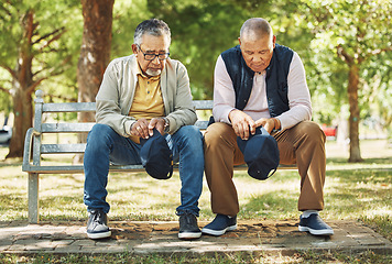 Image showing Elderly men, park and praying with faith, nature and communication to god for spiritual insight. Diversity, closeup and senior person with religion with hats down, respect and gratitude in retirement