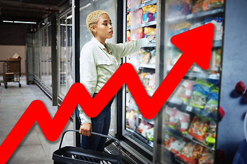 Image showing Inflation chart, double exposure and finance for woman thinking, grocery store and budget decision for product. Girl, customer experience and cost of living crisis with arrow, graph and negative gdp