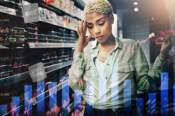 Image showing Woman, grocery shopping and inflation stress, price increase and headache for budget risk, fail or crisis by shelf. African customer in convenience store or supermarket, food cost and charts overlay