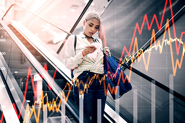 Image showing Inflation, woman and statistics in shopping mall by overlay of price increase, and food impact. Diversity, lady and shopping slip with budget, cost of living and less money for groceries or goods