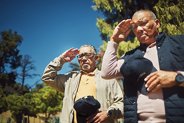 Image showing Salute, war veteran and men at cemetery to pay respect to fallen soldier outdoor at memorial service. Military, senior friends or salutation of army people for grief, support or empathy in retirement