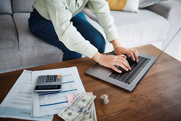 Image showing Computer, money and calculator with hands for home budget, financial planning and salary, rent cost or online loan. Person typing on laptop and sofa with cash and documents for mortgage and bills