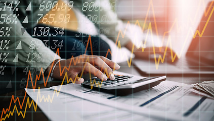 Image showing Overlay, calculator or hands with a laptop, document or stock market info for budget planning. Home, inflation charts or person with paperwork or pc to review financial profile with taxes in economy