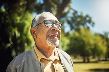 Image showing Happy, thinking and senior man in park, nature and outdoor adventure in retirement, holiday or vacation in sunshine. Elderly person, happiness and smile in summer, forest or woods with wellness