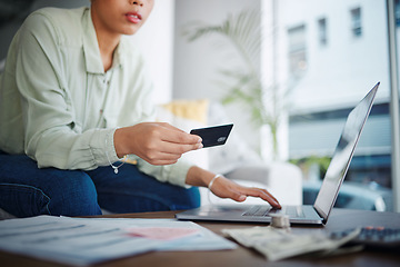 Image showing Woman, credit card and bills with laptop, budget and e commerce and fintech, information and internet banking at home. Online shopping, finance and money to pay and savings with customer experience