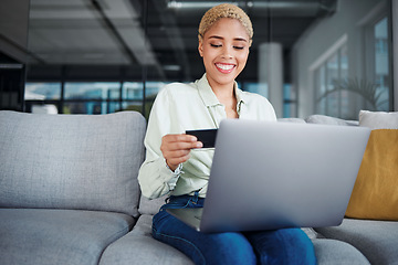 Image showing Woman, laptop and credit card with online shopping and happy about discount on store website, payment and fintech. Finance, e commerce and internet banking success with customer experience at home