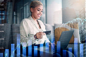 Image showing Woman, laptop and home trading with credit card for stock market investment, graph overlay and finance or sales. African trader or entrepreneur on computer and sofa for banking with finance increase