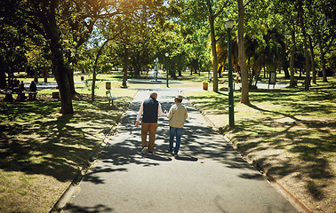 Image showing Friends, men walking and talking in park, nature and outdoor in retirement with support and communication. Social, people and above path on sidewalk in New York with conversation and community