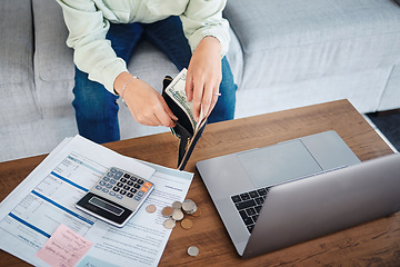 Image showing Hands, wallet and money, budget and bills, finance management with laptop and calculator for tax paperwork. Financial plan, person with information on documents and audit with accounting at home