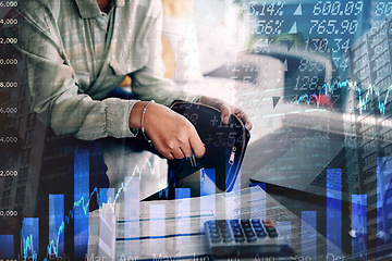 Image showing Hologram, money or hands with a calculator, documents or stock market info for budget planning. Wallet, inflation charts or person with paperwork to review financial profile with taxes in economy