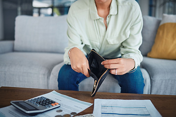 Image showing Empty wallet, money or hands with a calculator, loan documents or purse for budget planning. Broke, inflation closeup or person with paperwork to check financial info with taxes in economy at home