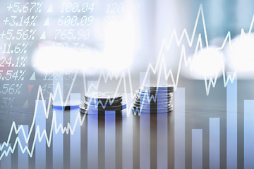 Image showing Money, coins and graphs with investment, stock market and financial problem with insider trading, stocks and business deal. Charts, fintech or inflation with money, finance and economy with overlay