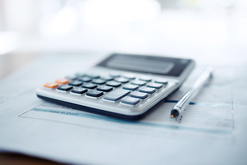 Image showing Finance, budget planning or calculator with documents, loan application or investment info on table. Background, life insurance or pen with paperwork to review financial profile with taxes in economy