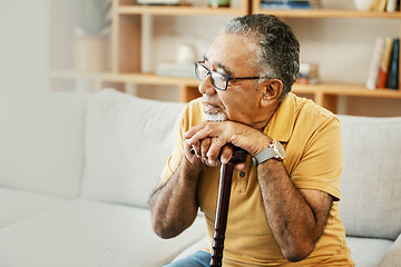 Image showing Mature, man and hands with walking stick for health, rehabilitation and retirement in nursing home. Elderly, person or grandfather with results for assistance, support and wellness with recovery