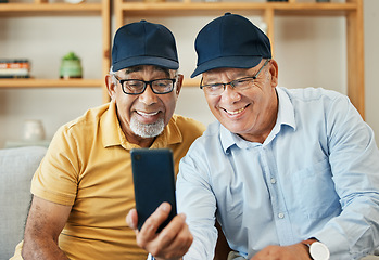 Image showing Video call, phone and senior men on sofa smile for chat, conversation and video call at home. Retirement, hello and mature people on smartphone for internet, discussion and bonding in living room