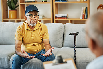 Image showing Doctor, consultation and senior man on sofa in therapy with walking stick or counselling discussion with psychology checklist. Elderly patent, talking or therapist for anxiety or mental health stress